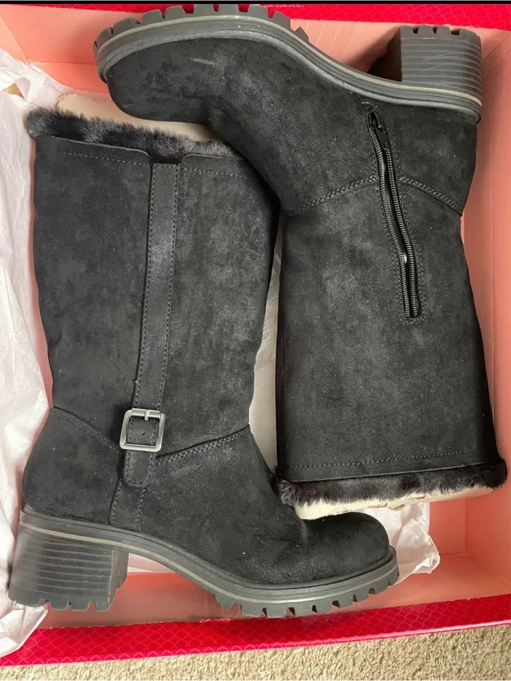 Black Suede Fur-Lined Mid-Calf Boots - Women